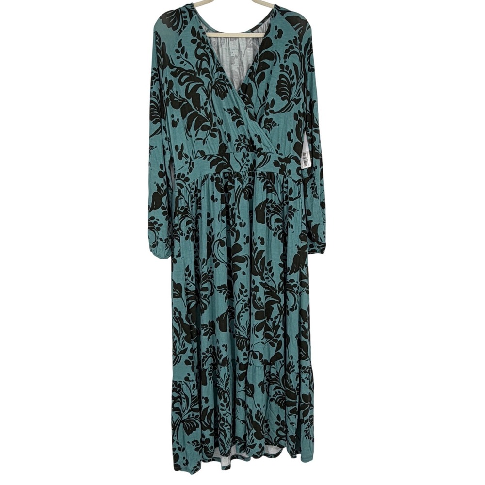 Soft Surroundings Teal Black Floral Maxi Dress XL Long Sleeve Wrap Front